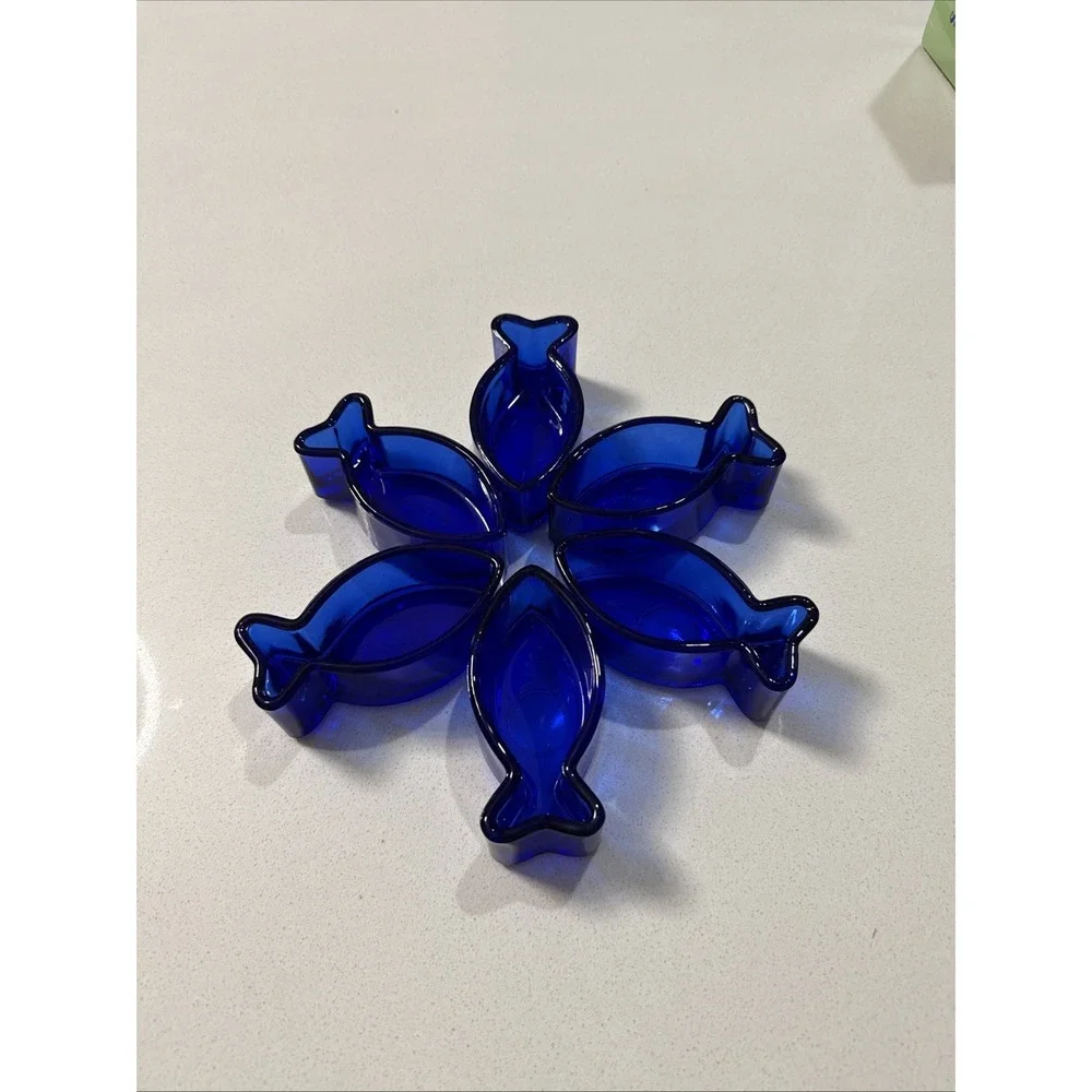 Vtg Pier 1 Cobalt‎ Blue Fish Shape Dishes Candle Holders 1.5